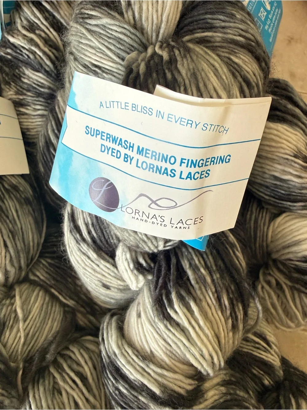 Lorna's Laces Superwash Merino Fingering Yarn - Black, Gray & Cream - 4 skeins
